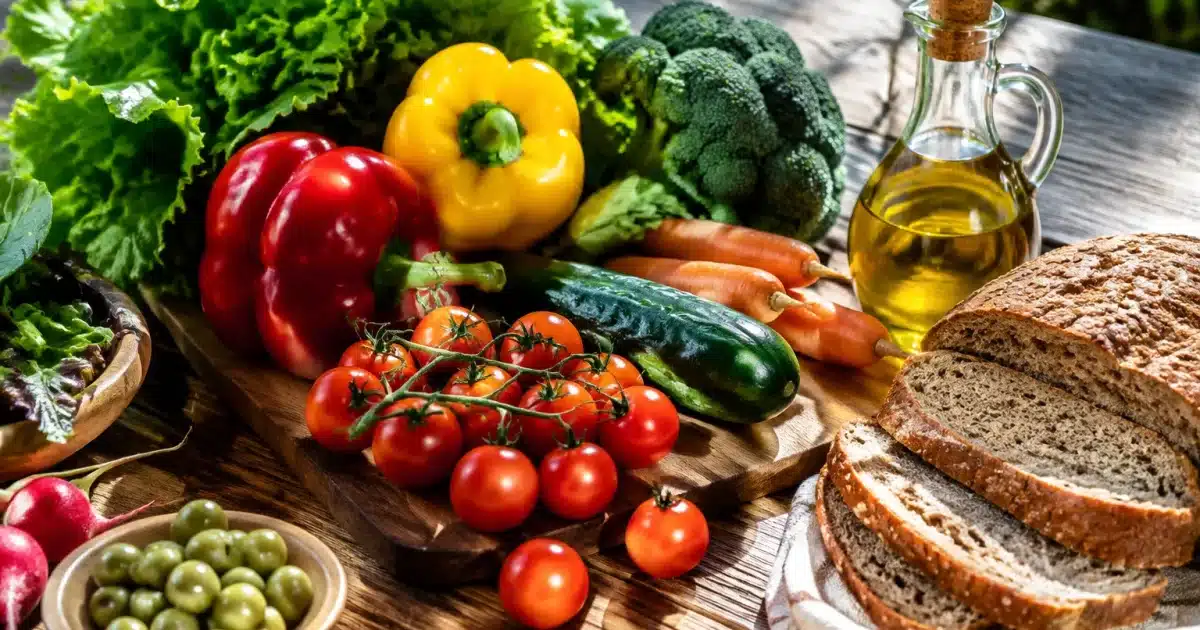 Tavolo con olio, verdure fresche e pane integrale disposti