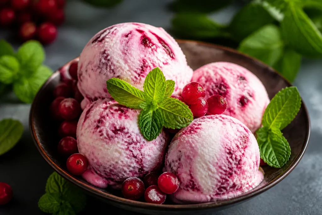 Dolce gelato con mirtilli rossi e foglie menta