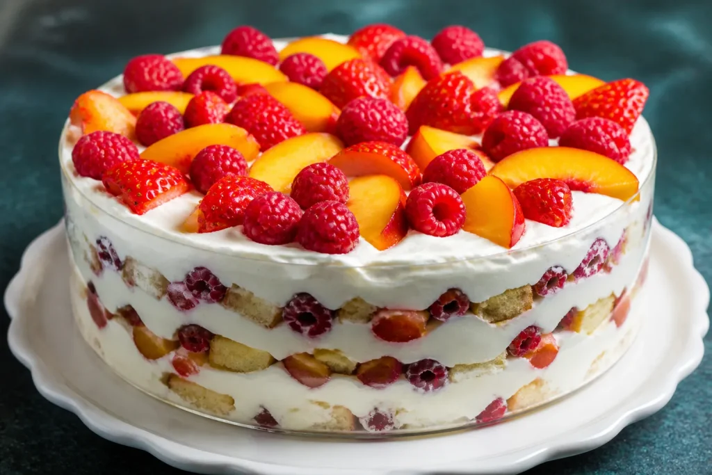Dolce stratificato con fragole, lamponi e pesche