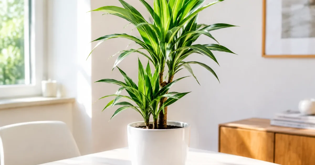 Dracena eretta in vaso bianco su tavolo luminoso