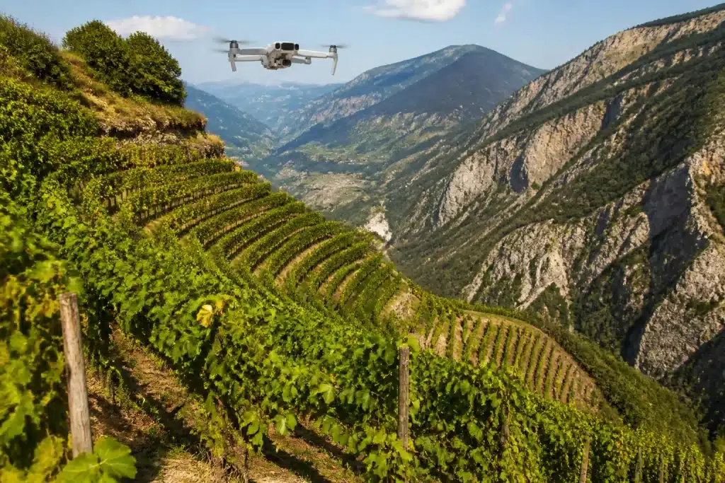 Drone sorvola vigneti montani con pendii ripidi