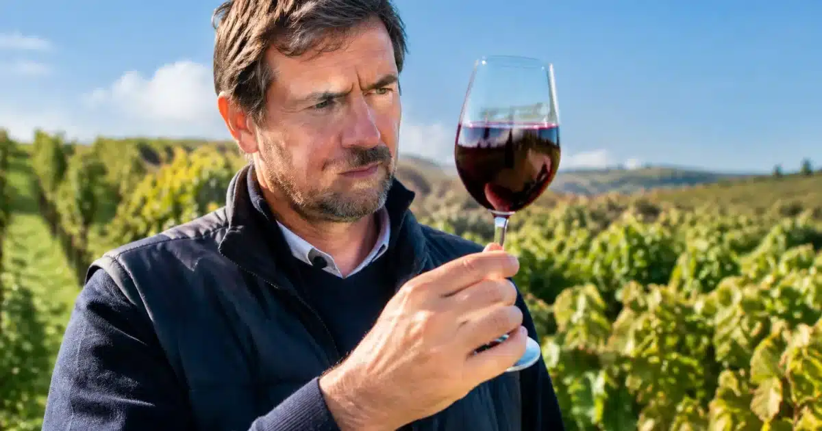 Enologo francese con bicchiere di vino rosso in mano, espressione seria