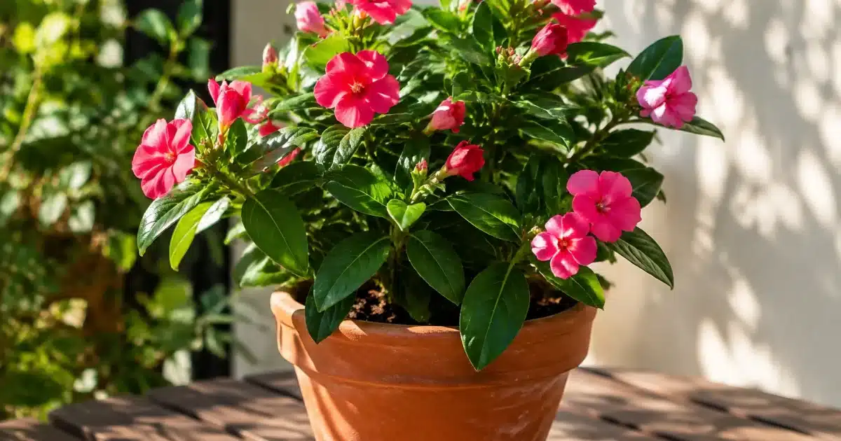 Pianta fiorita con foglie verdi in vaso di terracotta
