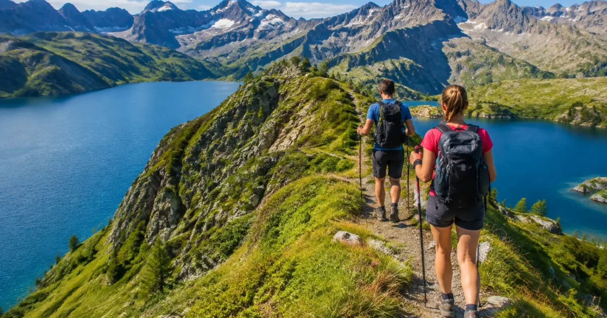 Escursionisti camminano lungo sentiero alpino stretto tra laghi