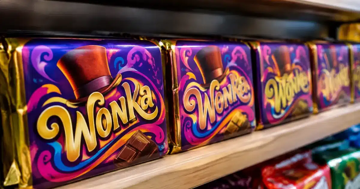 Confezioni di cioccolato Wonka disposte in fila su scaffale di negozio