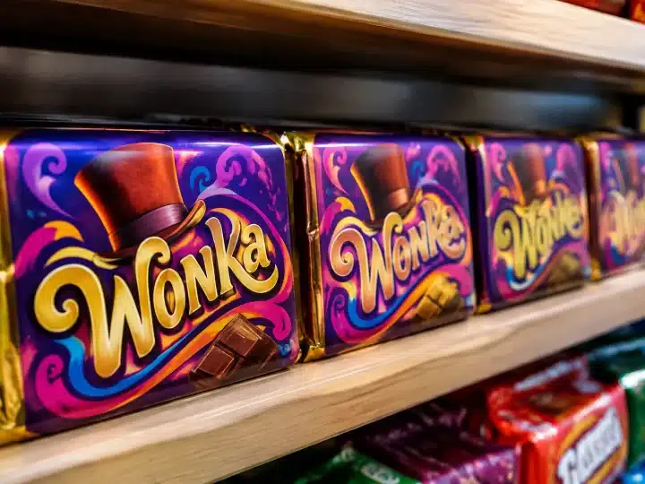 Confezioni di cioccolato Wonka disposte in fila su scaffale di negozio