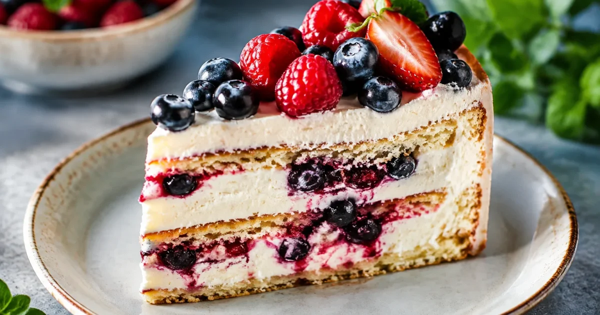 Fetta con strati di crema bianca e frutti blu