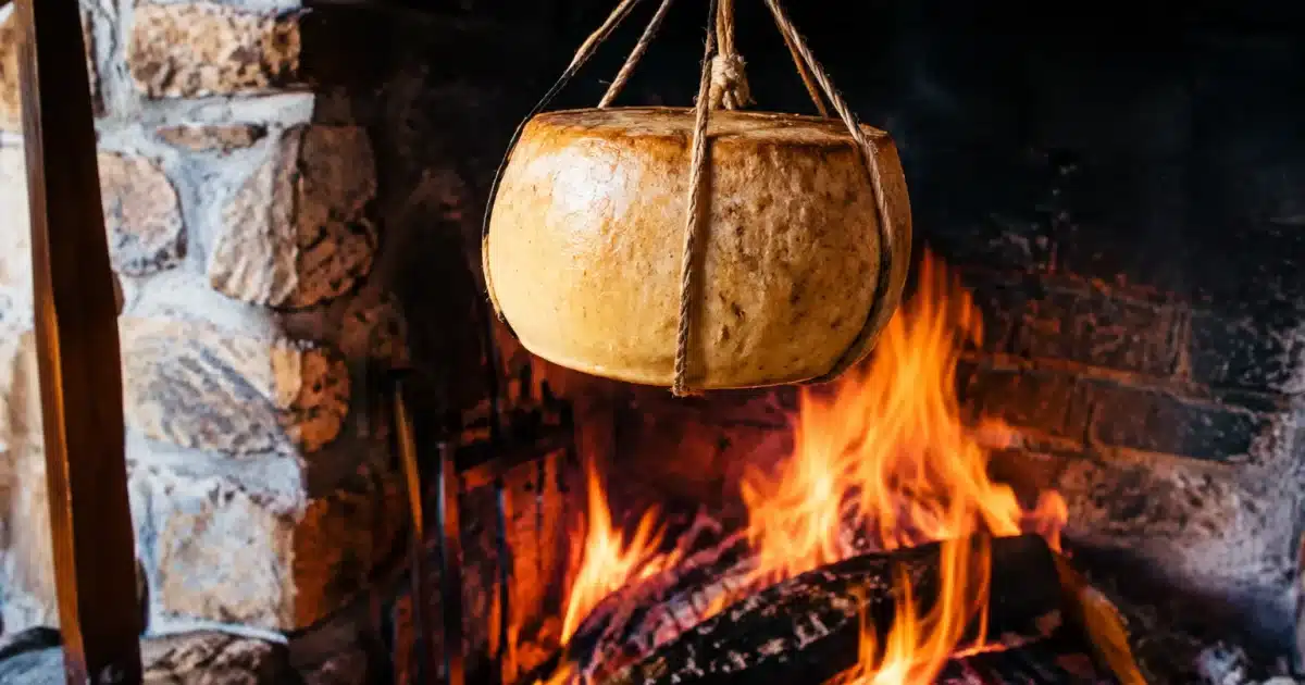 Formaggio affumicato appeso sopra fuoco vivo nel camino rustico