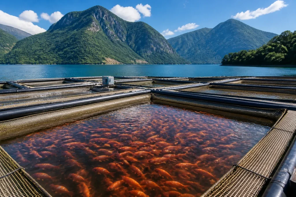 Gabbie fitte di allevamento con pesce rosso e montagne