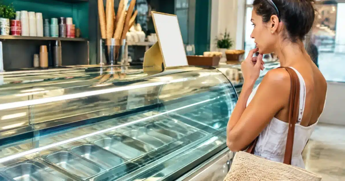 Gelateria con banco refrigerato vuoto, cliente guarda cartello prezzi alto