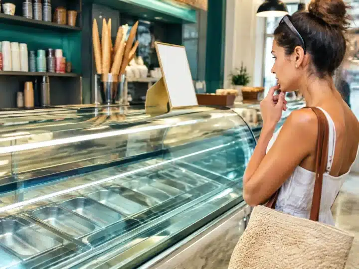 Gelateria con banco refrigerato vuoto, cliente guarda cartello prezzi alto