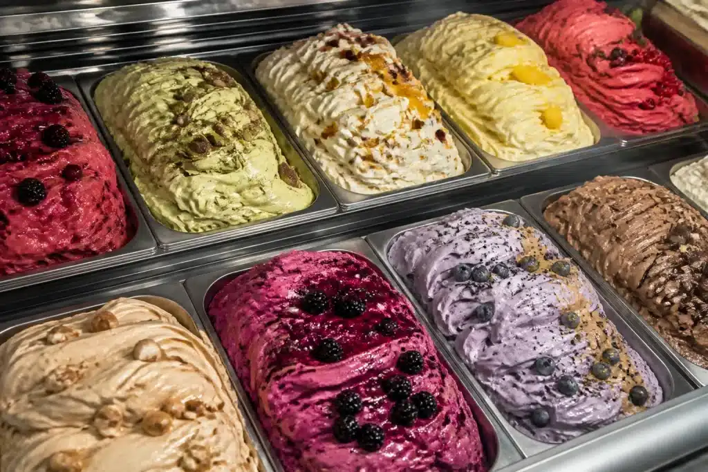 Gelato artigianale in vetrina con gusti insoliti e colorati.