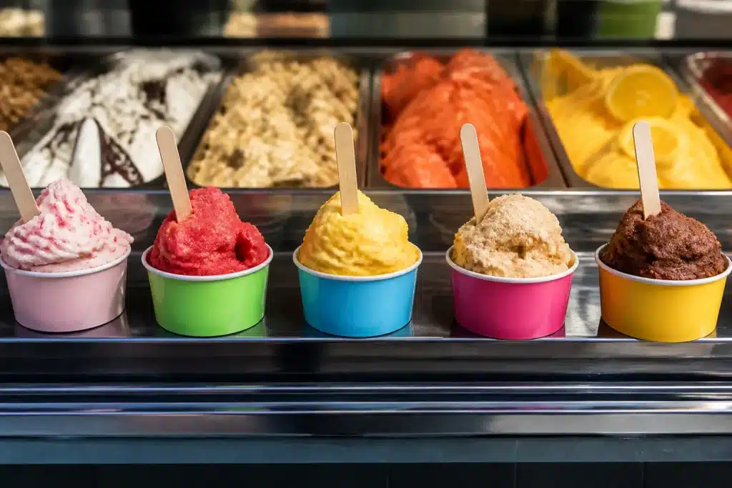 Banco gelato con vasetti colorati e cucchiaini di legno