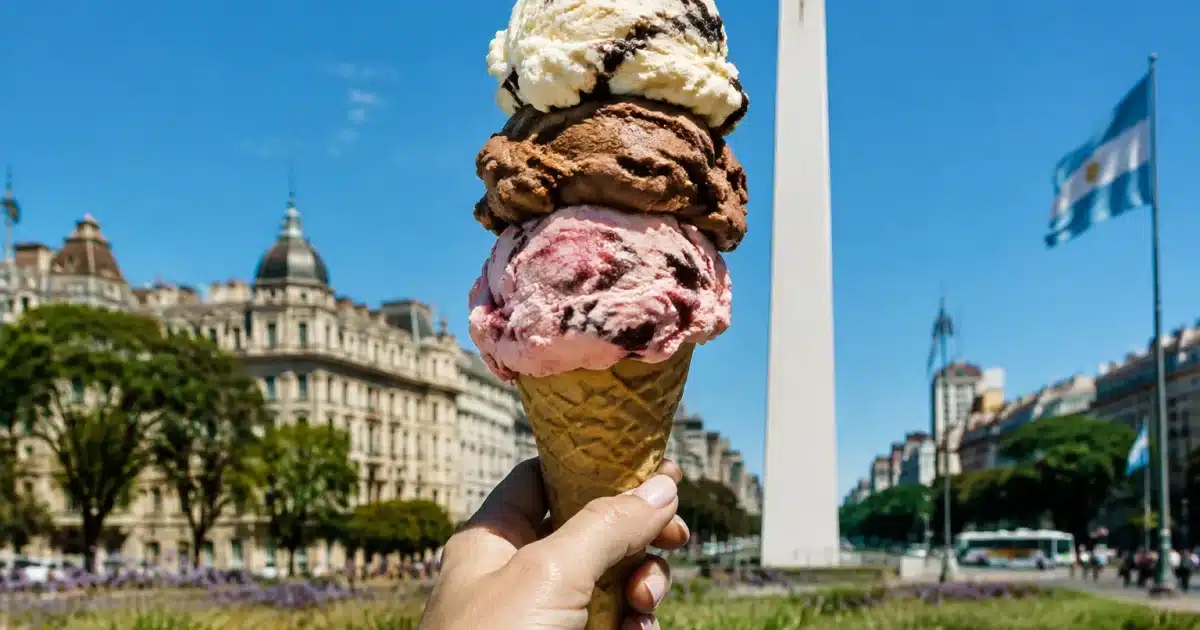Gigantesco cono gelato italiano sorretto verticalmente da una mano in Argentina.
