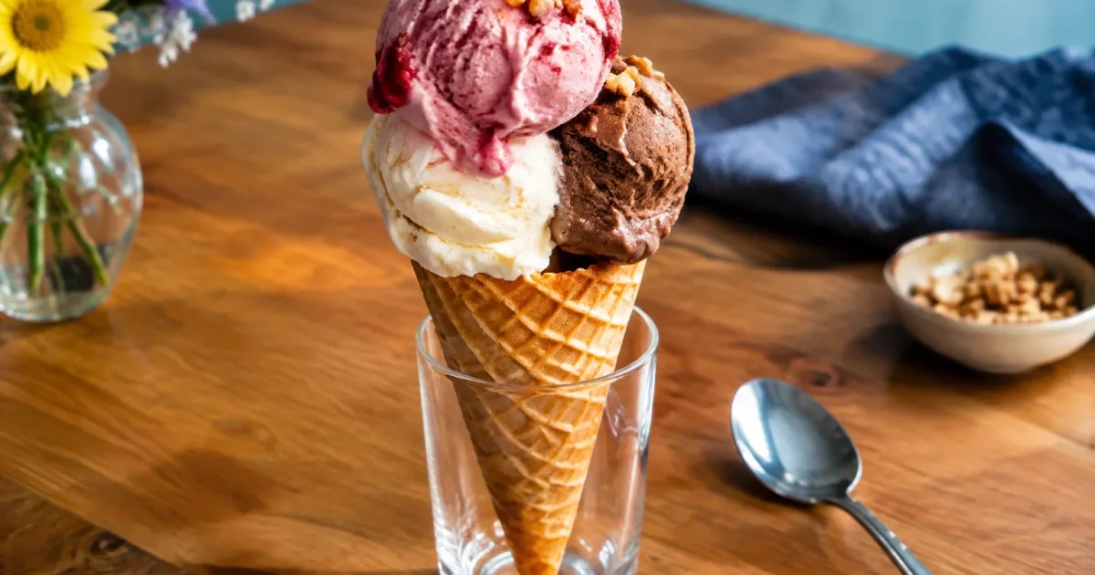Cono gelato servito su tavolo con cucchiaio accanto
