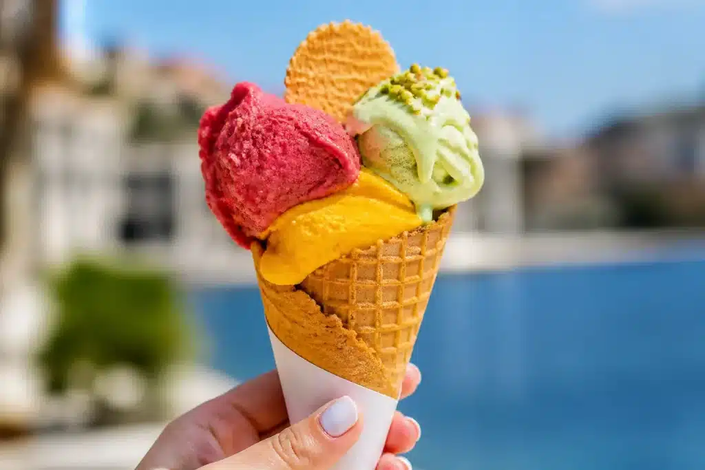 Gelato italiano servito in cono con colori vivaci appetitosi