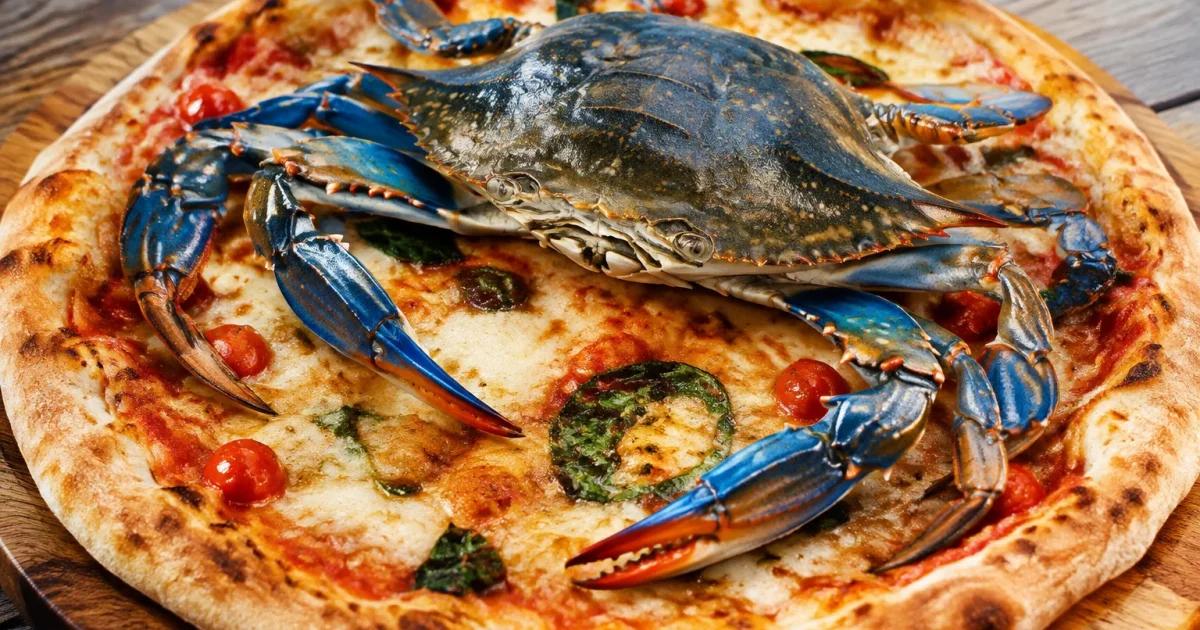 Granchio blu intero posato su pizza dorata