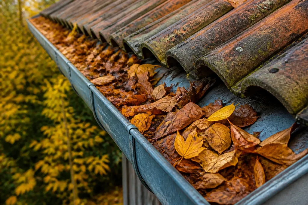 Grondaia sporca di foglie su tetto autunnale