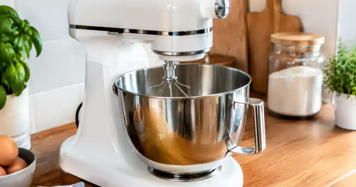 Impastatrice domestica bianca su piano cucina con ciotola