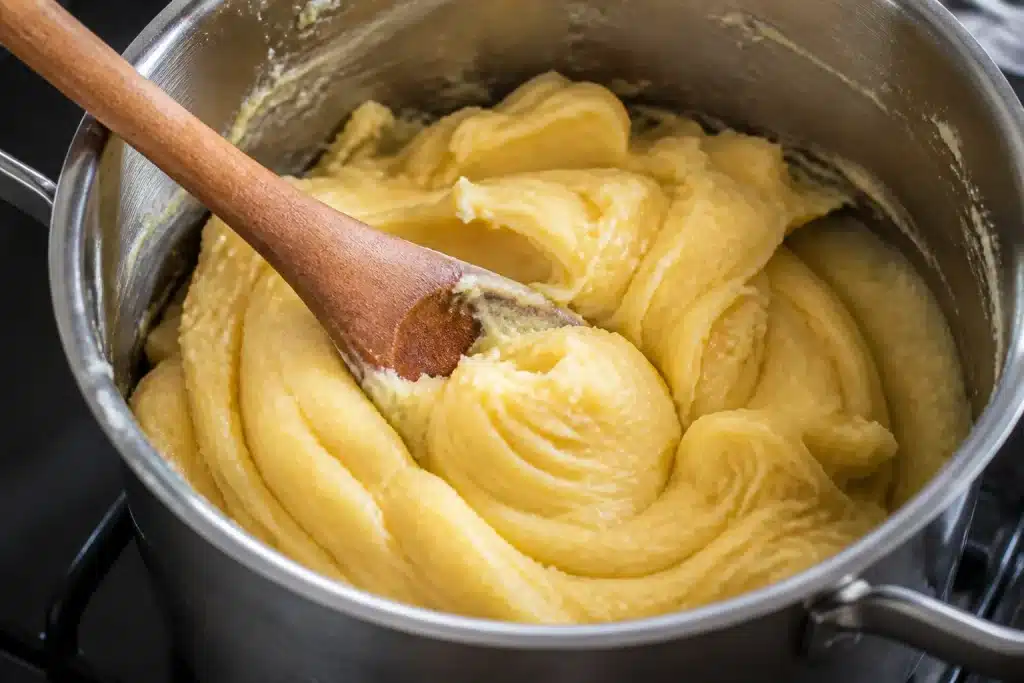 Impasto liscio di churros in pentola con cucchiaio di legno