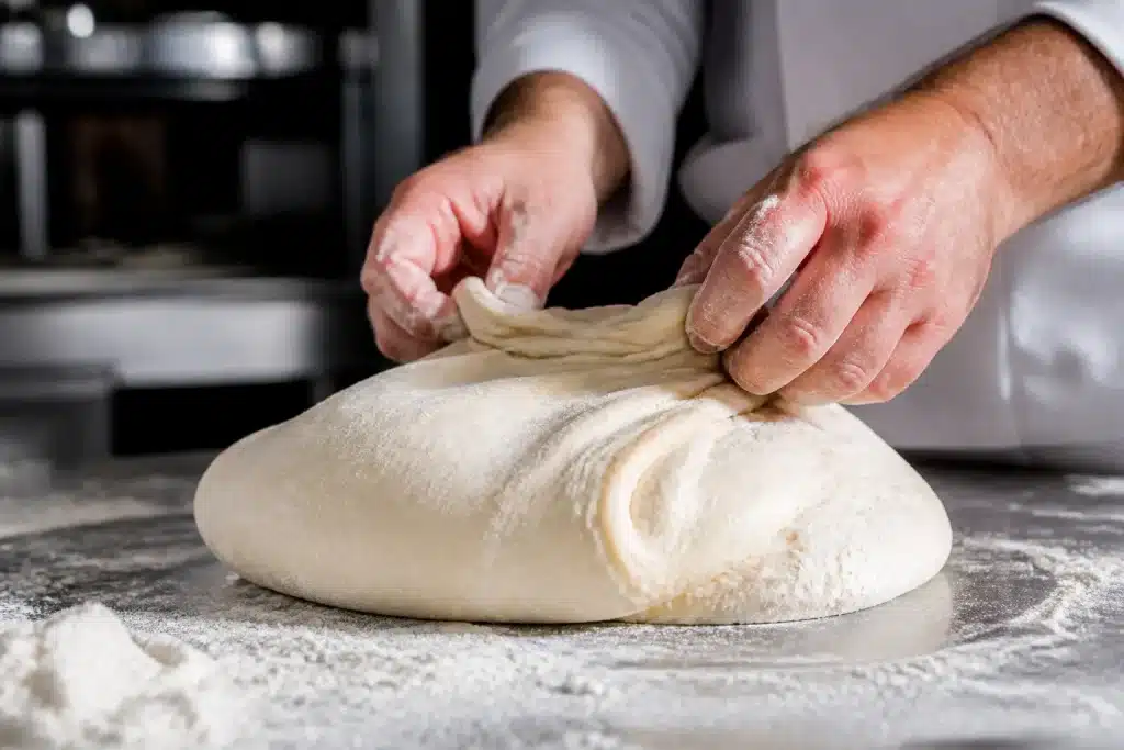 Impasto lievitato con ingredienti professionali in tavolo forno