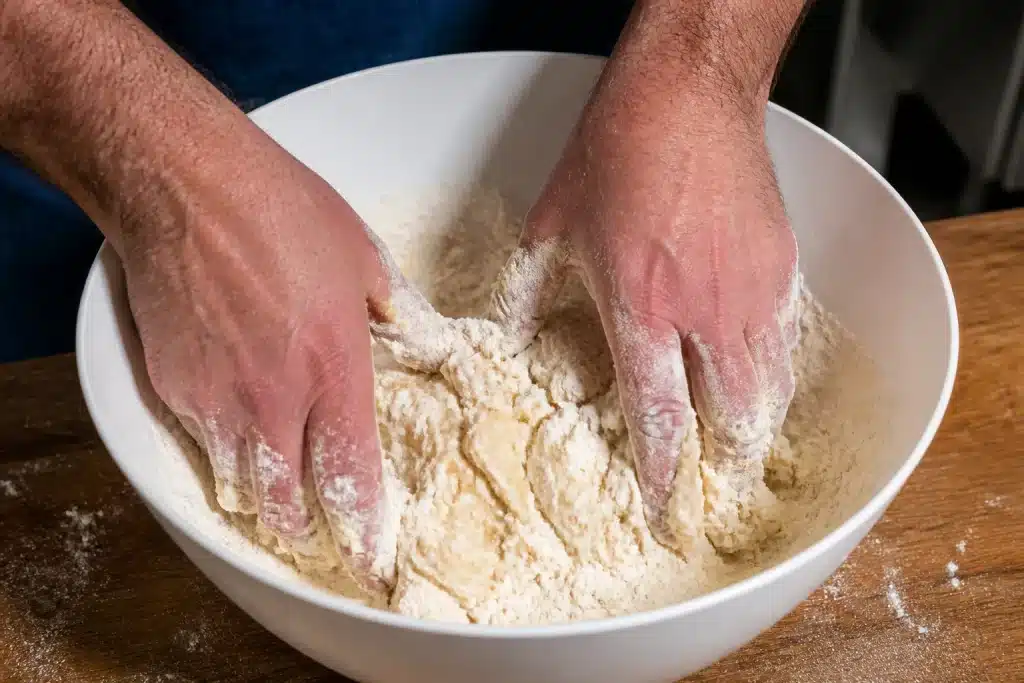 Mani impastano farina e acqua in ciotola bianca