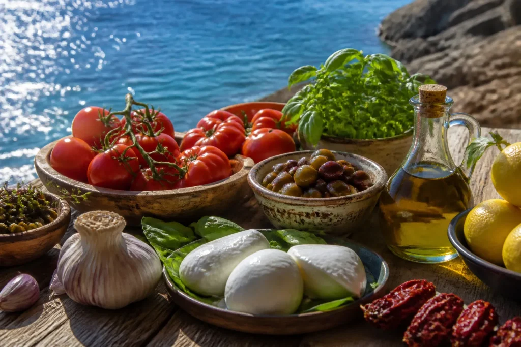 Ingredienti freschi su tavolo rustico costiero