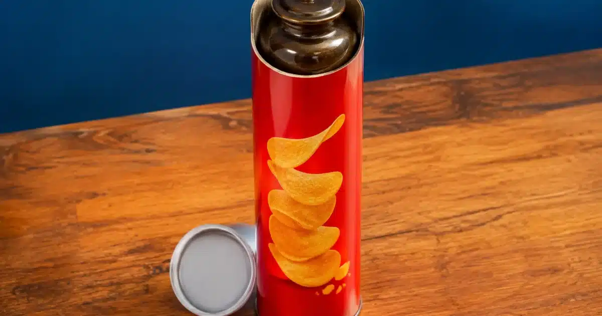 Urna cremazione posizionata dentro scatola rossa Pringles verticale