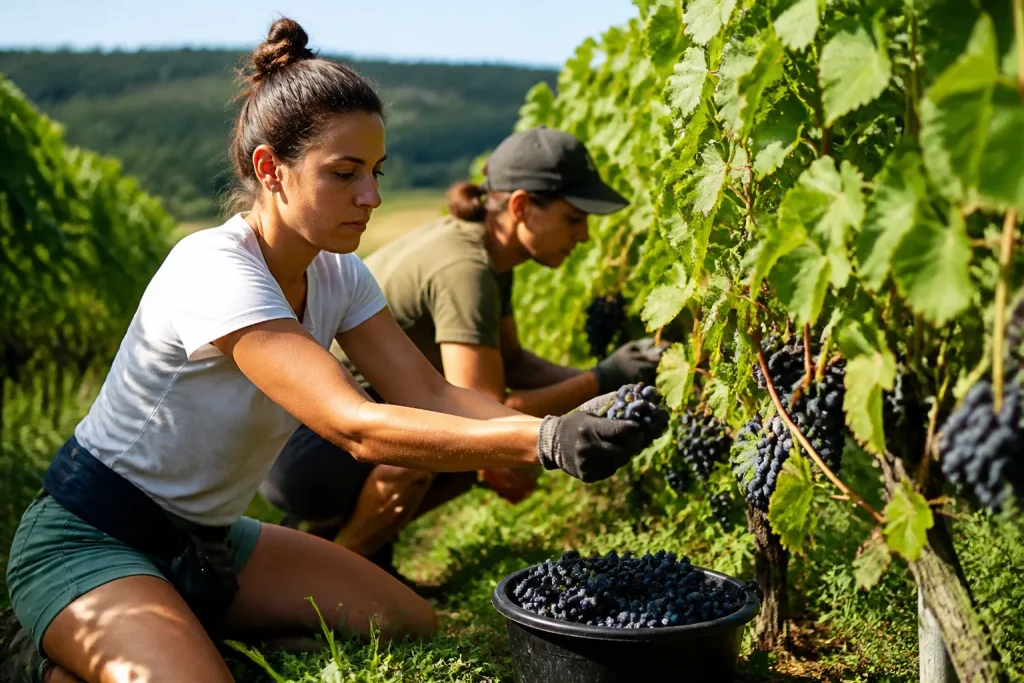Lavoratori raccolgono uva tra i filari in Francia