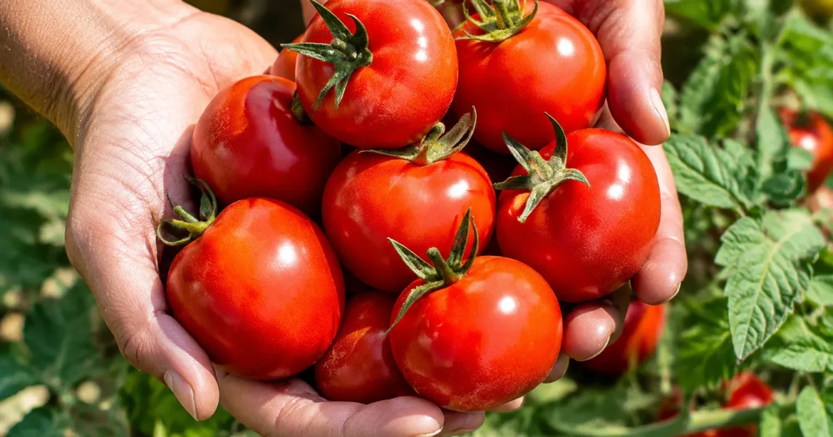 Mani piene di pomodori rossi maturi