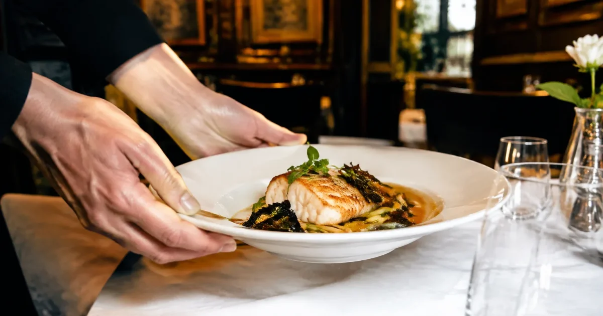 Mani sollevano piatto da tavolo in ristorante storico