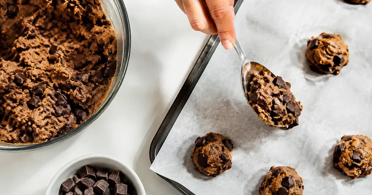 Mano con cucchiaio modella biscotti cioccolato su tavolo bianco