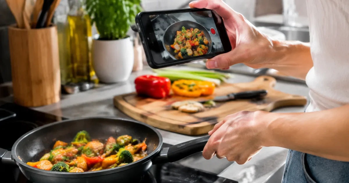 Mano regge smartphone e filma cibo mentre cucina