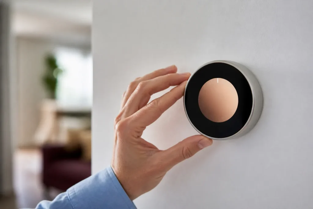Mano regola termostato intelligente su muro bianco