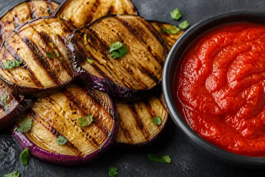 Fette di melanzane grigliate accanto a salsa di pomodoro densa