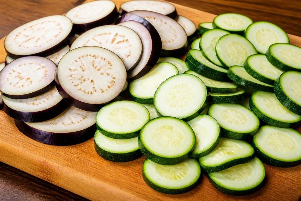 Melanzane viola e zucchine tagliate a rondelle