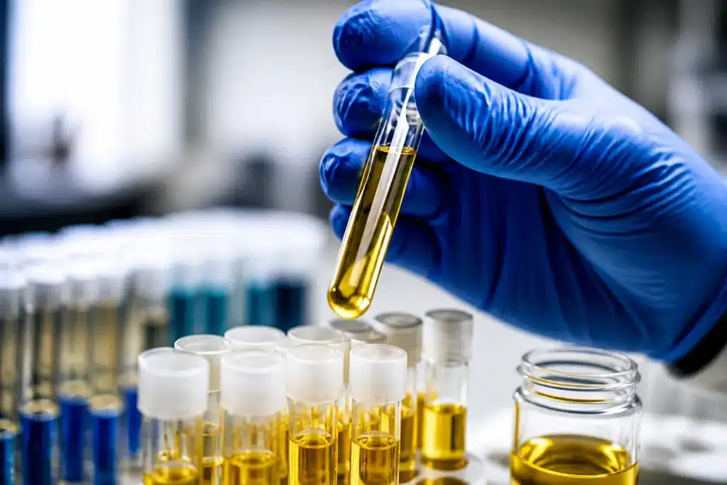 Provette laboratorio con liquido giallo misurazione melatonina