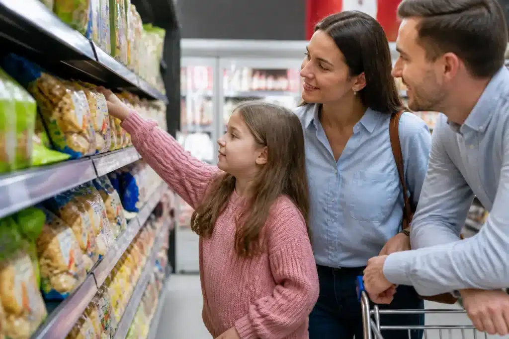 Adulti e bambini scelgono prodotti alimentari da scaffale supermercato