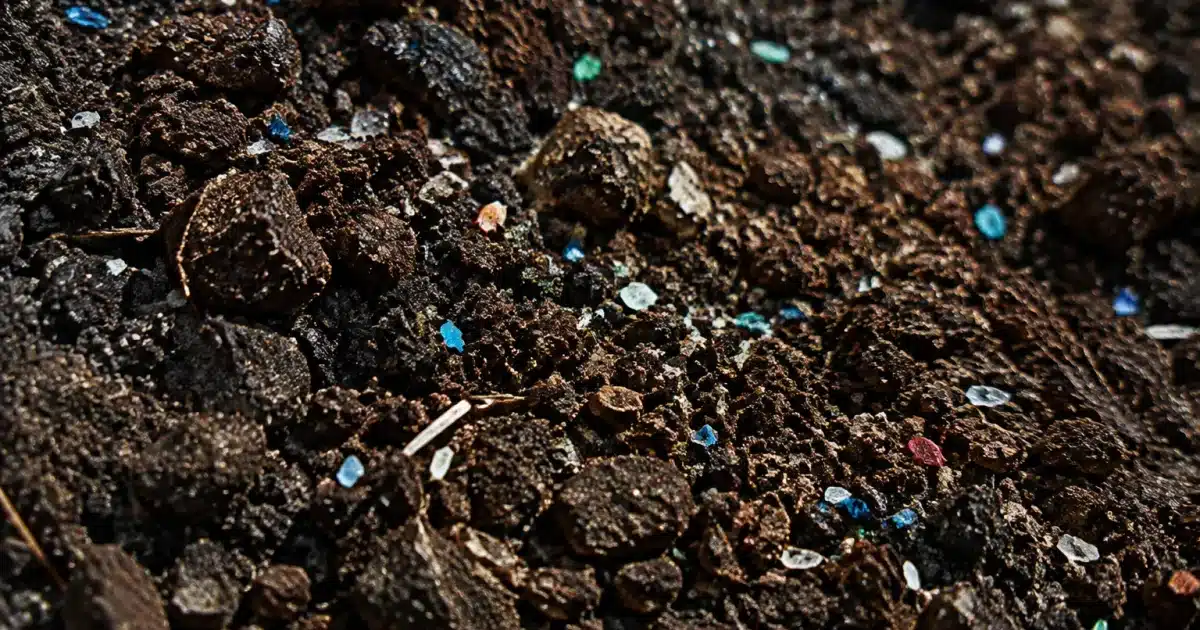 Particelle plastiche minuscole sparse nel terreno marrone scuro
