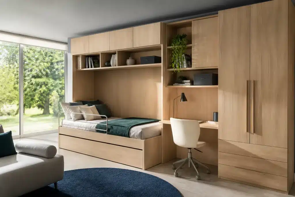 Mobili modulari in legno chiaro con letto, scrivania e armadio integrati