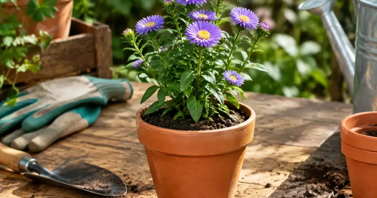 Giovane piantina di aster in vaso di terracotta su tavolo da giardinaggio