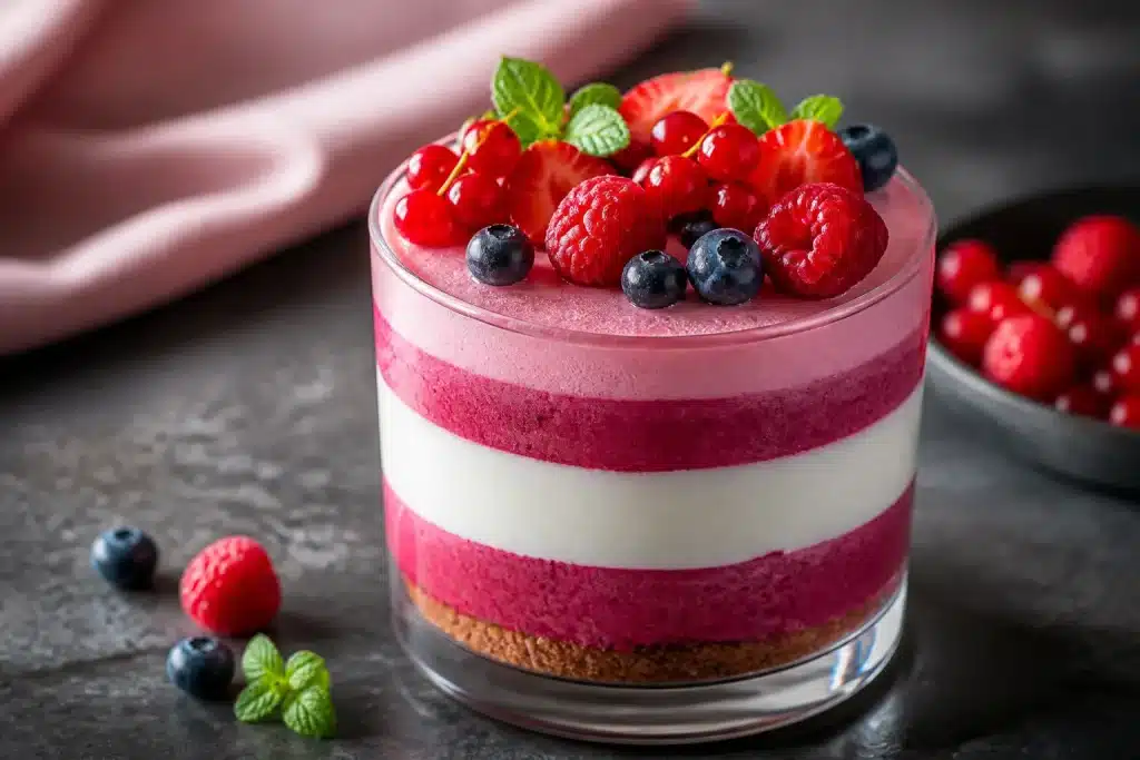 Dessert stratificato con mousse colorata e frutti rossi freschi