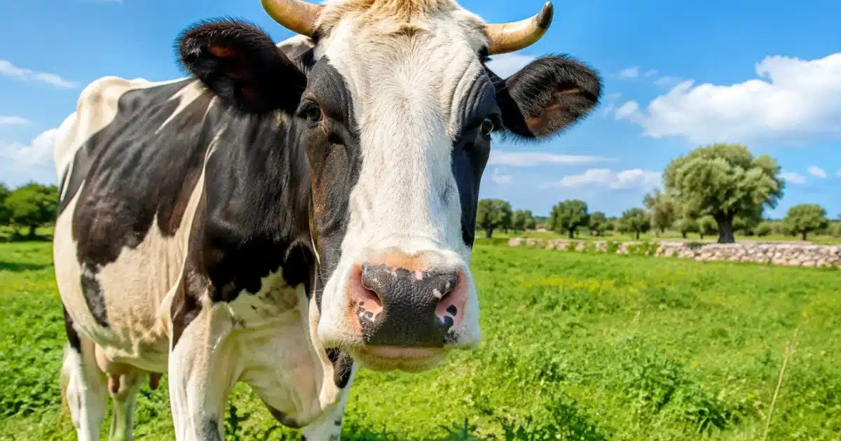Mucca da latte in primo piano su prato verde pugliese