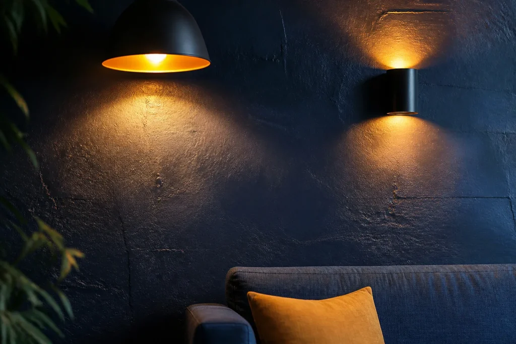 Muro blu scuro illuminato da lampade con luce calda