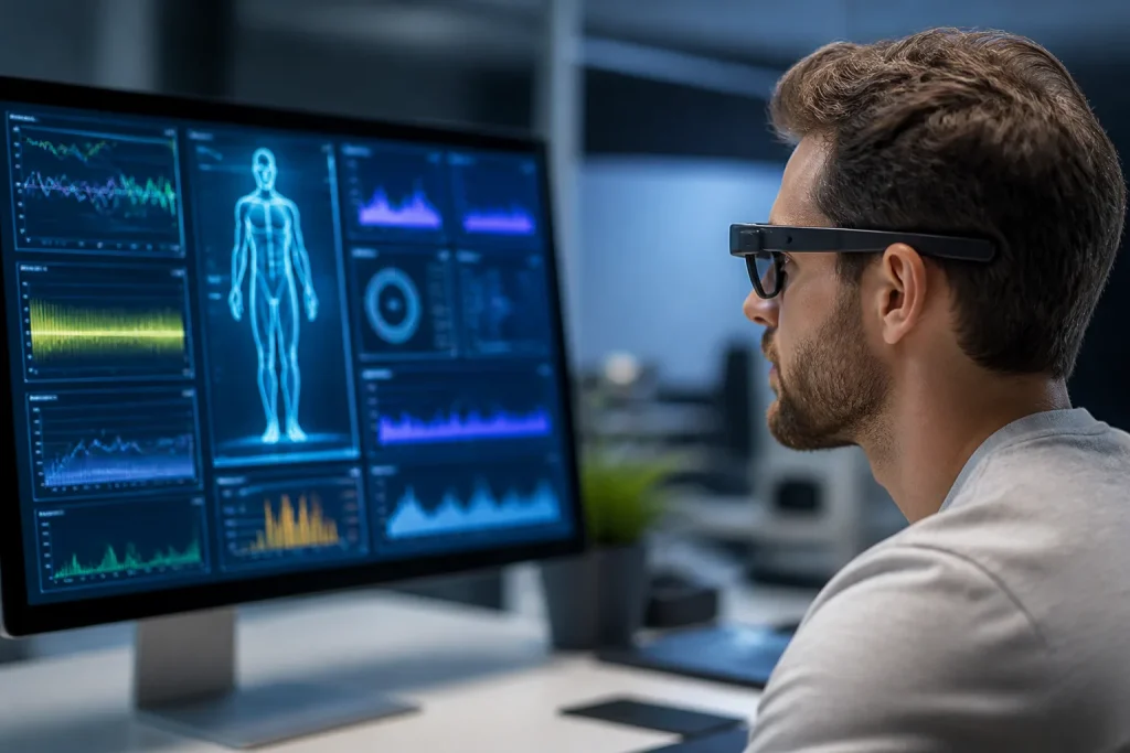 Occhiali intelligenti e dati biometrici su desktop monitor