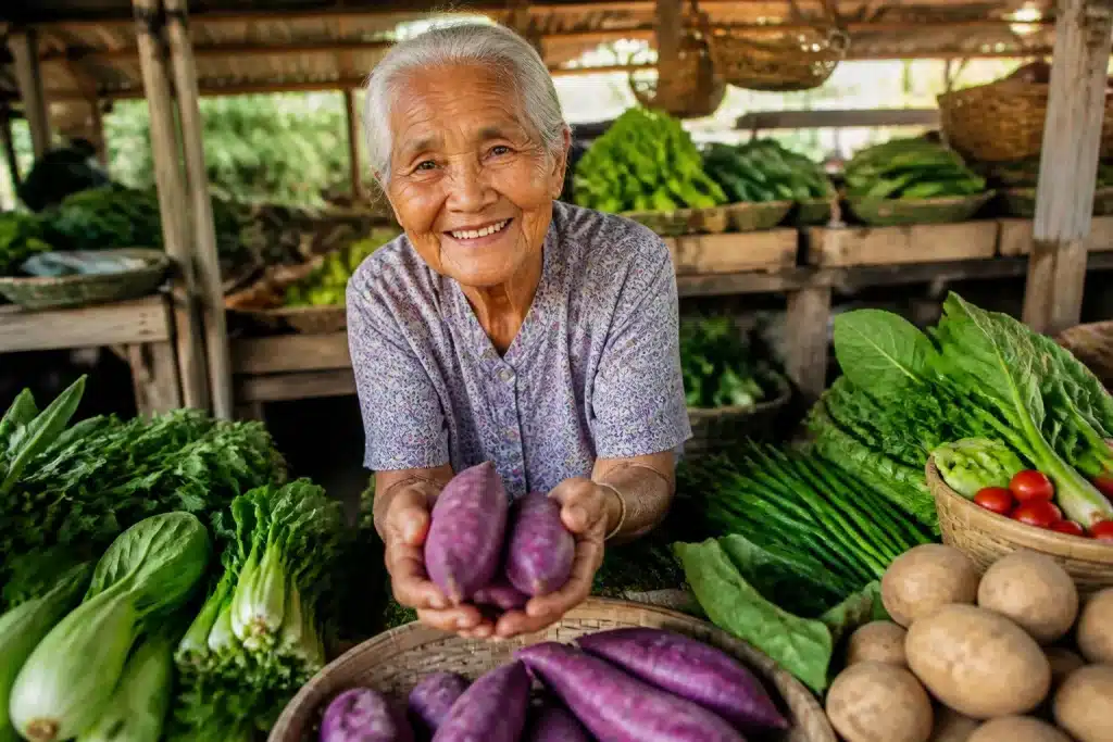 Anziana donna con verdure fresche e patate dolci viola
