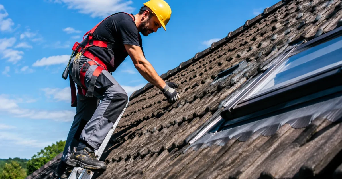 Operaio su scala controlla tetto inclinato casa