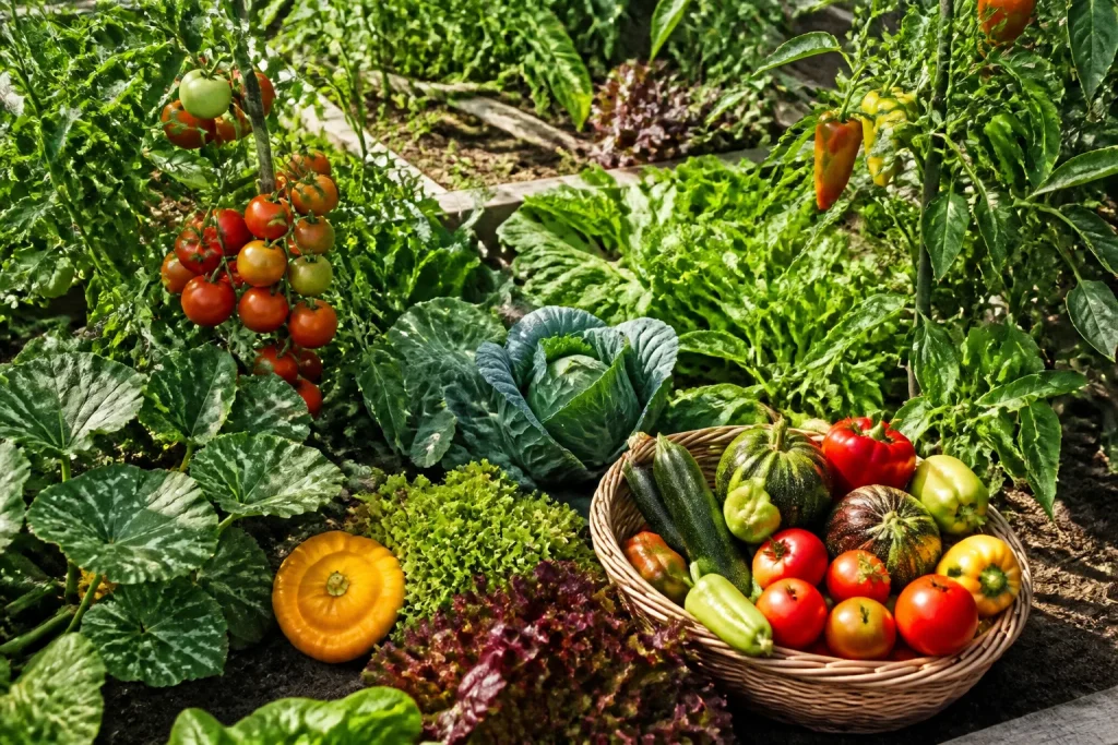 orto rigoglioso con verdure colorate, semi e piante varie