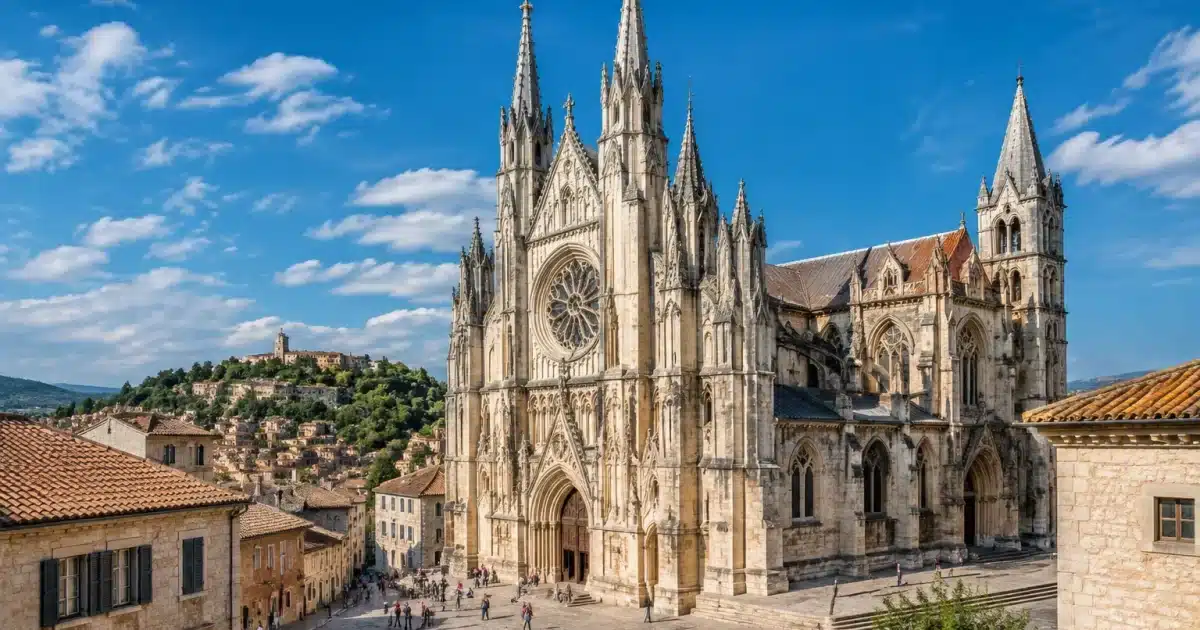 Cattedrale gotica in pietra chiara domina piazza in città collinare