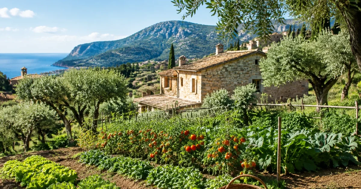 Paesaggio rurale con ortaggi, ulivi e case tradizionali